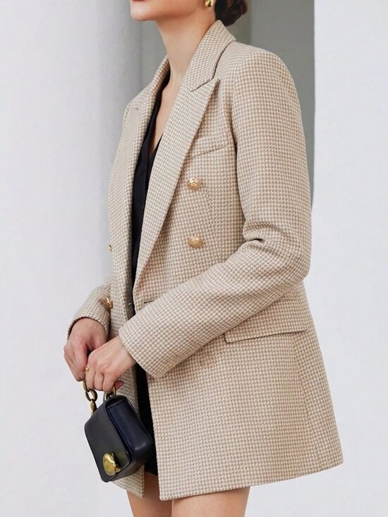 Jackets & Blazers - Apricot Casual Women's Plaid Tweed Blazer Jacket